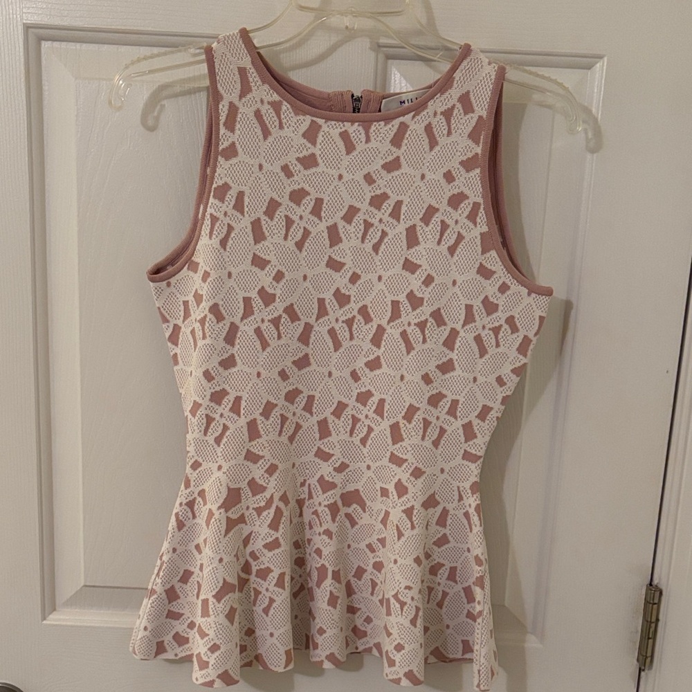 MILLY: Cream and Pink Lace Peplum knit top